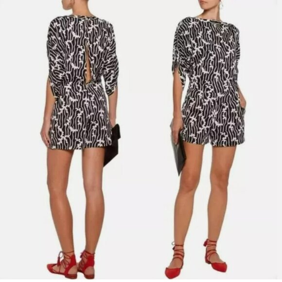 DVF Diane von Furstenberg Women's Soleil Printed Romper in Black & White Size 6 - Picture 1 of 14